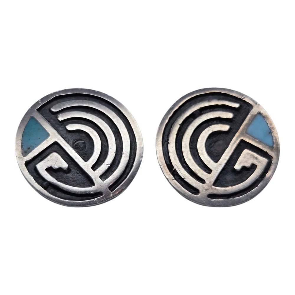 Native American Hopi Sterling Silver Overlay Turquoise Screwback Earrings